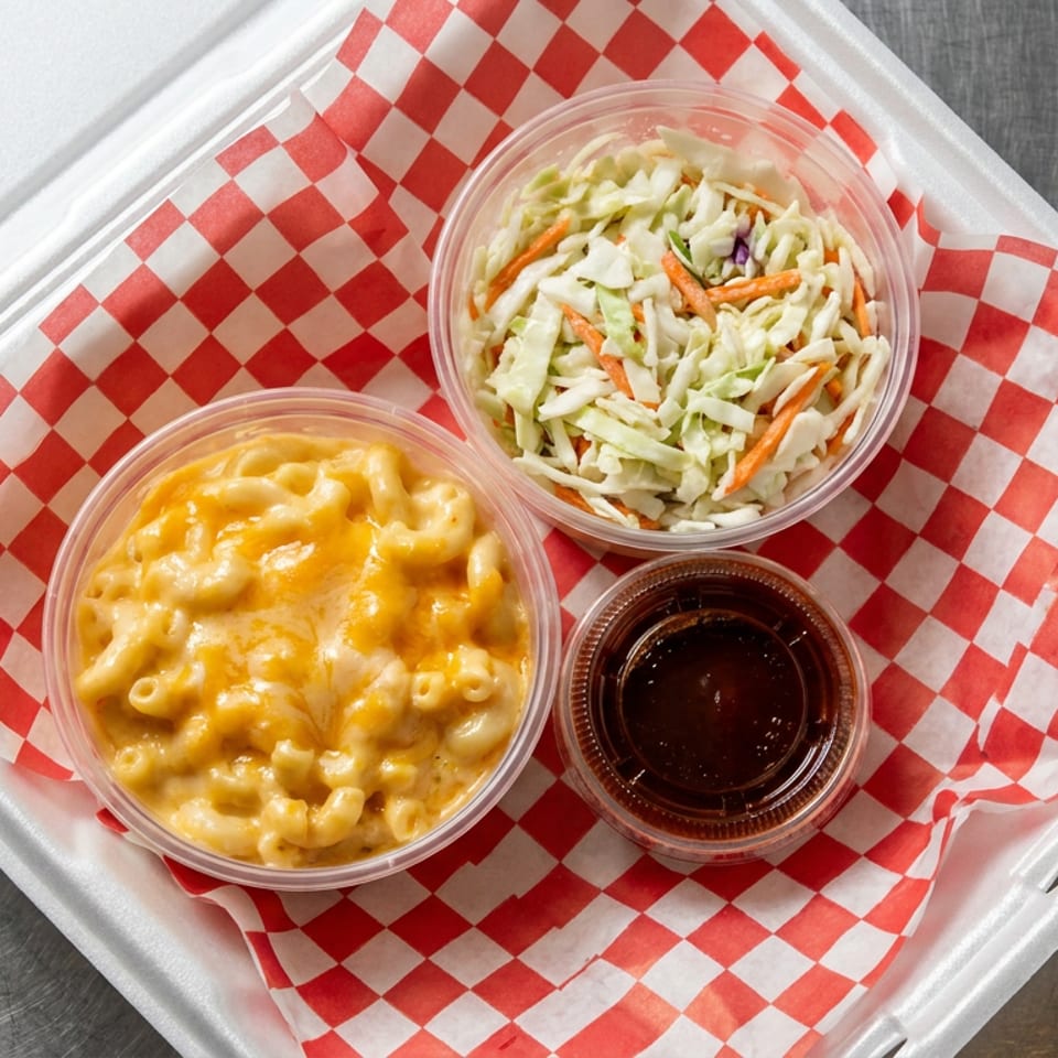 Takeout tray with creamy macaroni and cheese, coleslaw, and dark dipping sauce on red-and-white checkered paper.