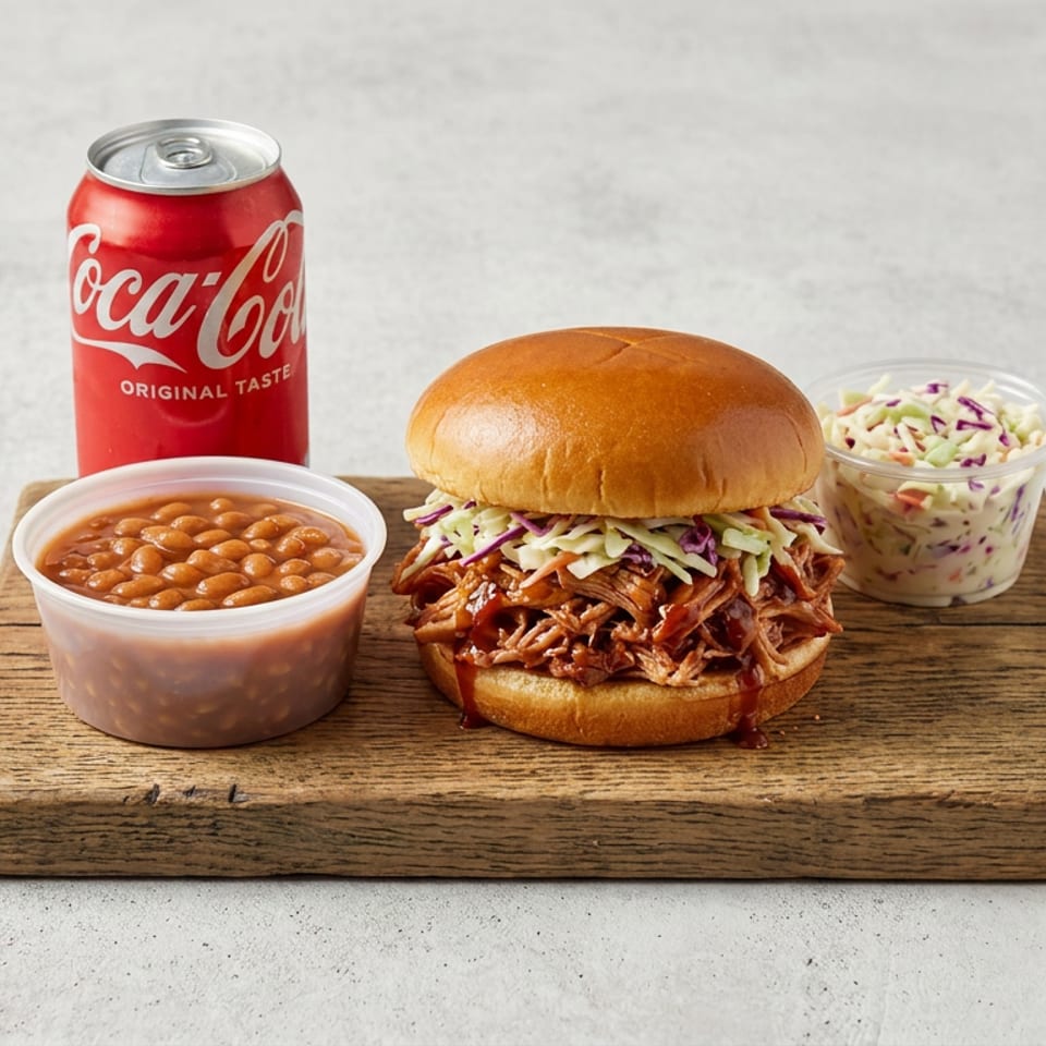 Pulled pork sandwich with coleslaw, baked beans, coleslaw side, and Coca-Cola on a wooden serving board.